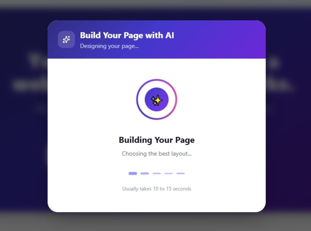 The page generation screen showing AI building and composing the layout