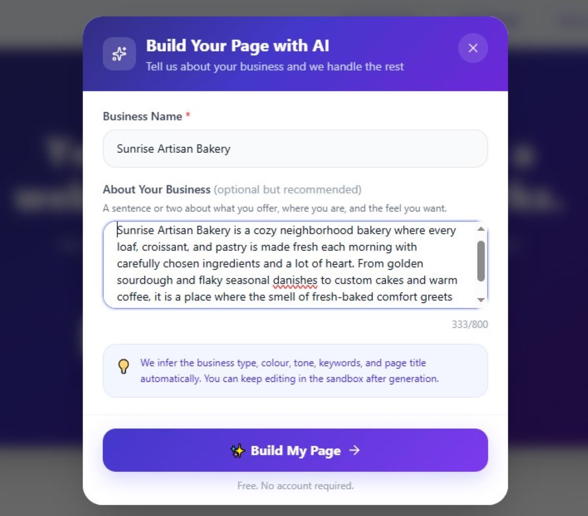 The AI page builder form with a bakery business name and description filled in