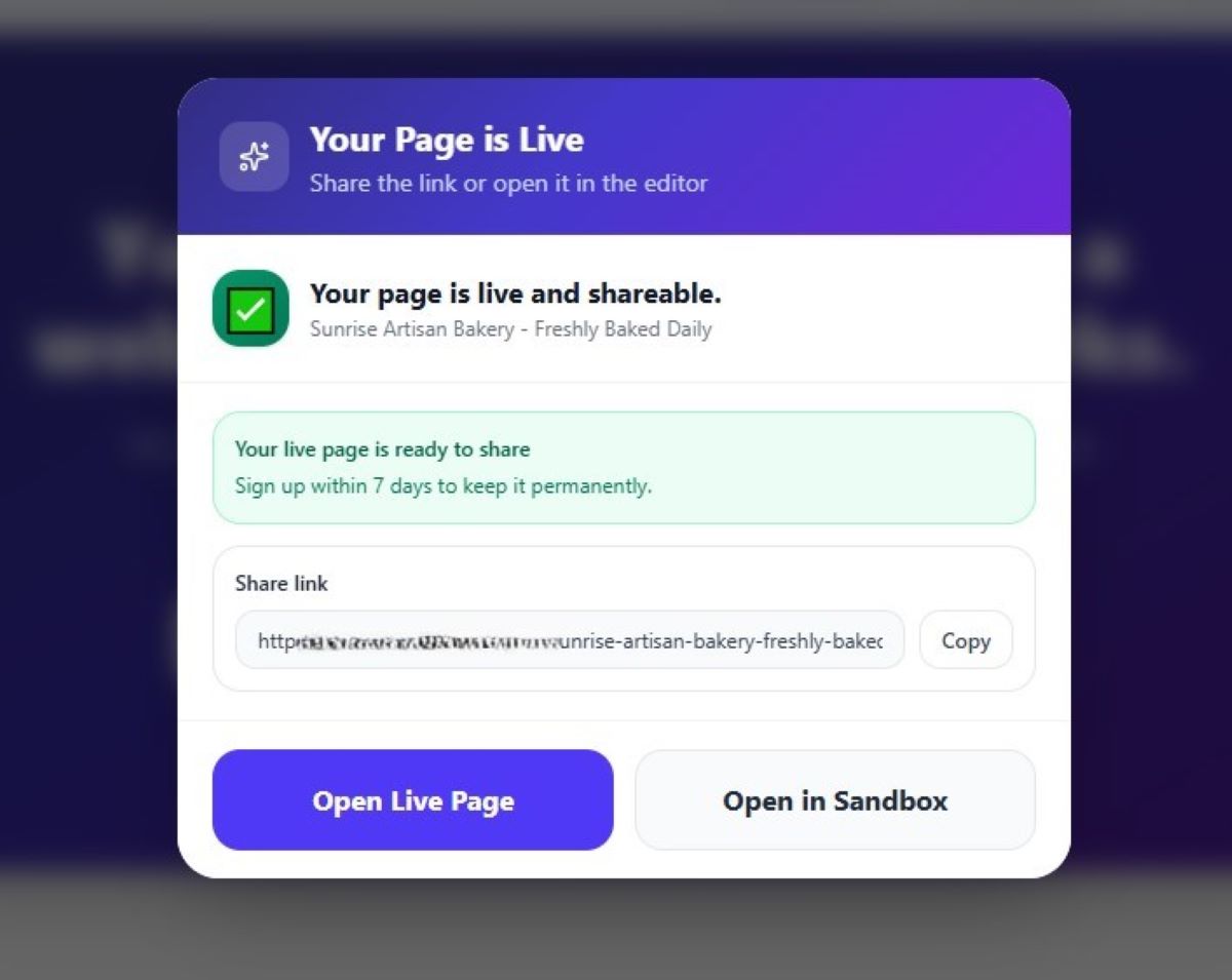 The published page success screen showing a live shareable URL