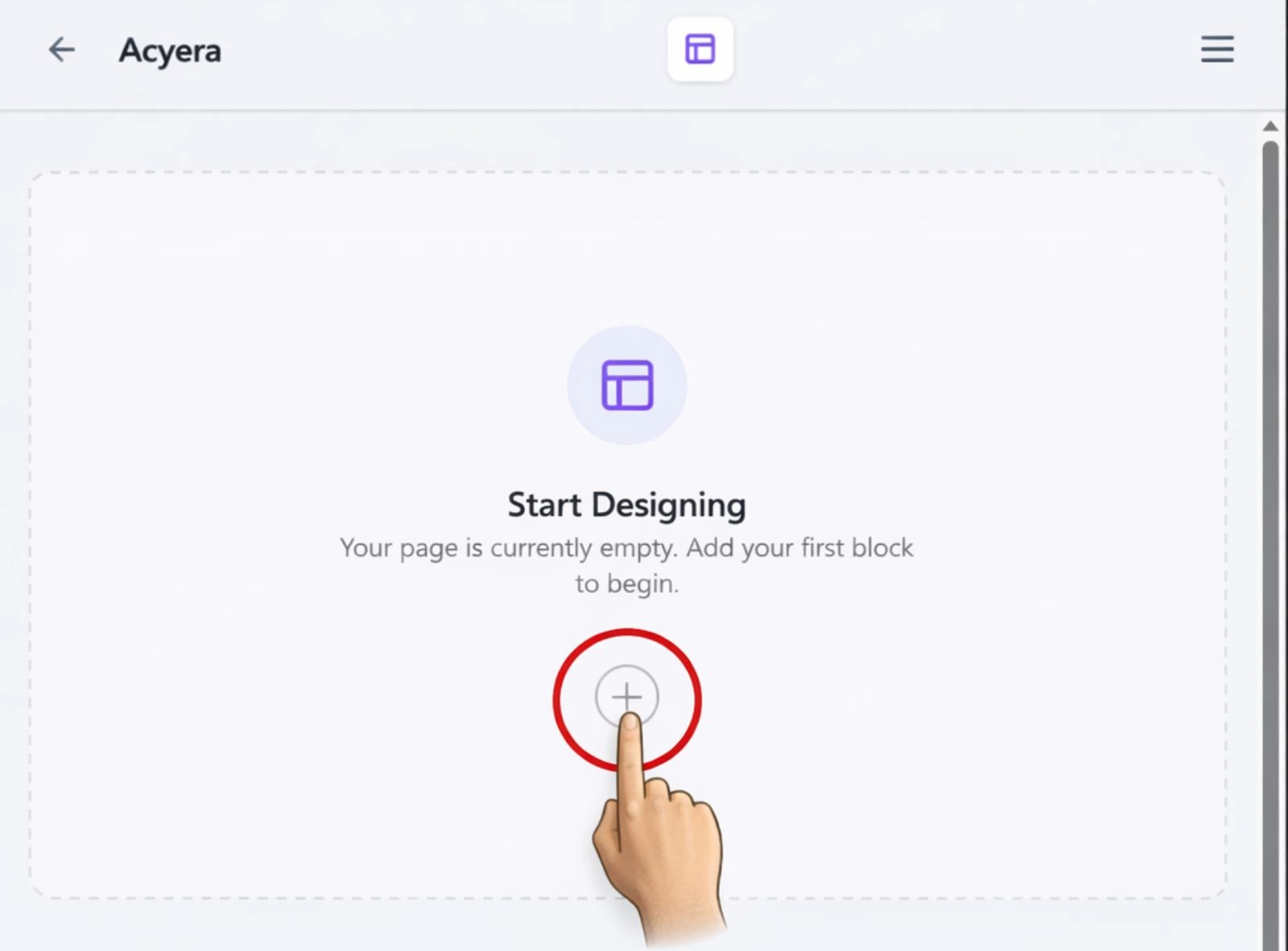 The block library popup open inside the editor canvas