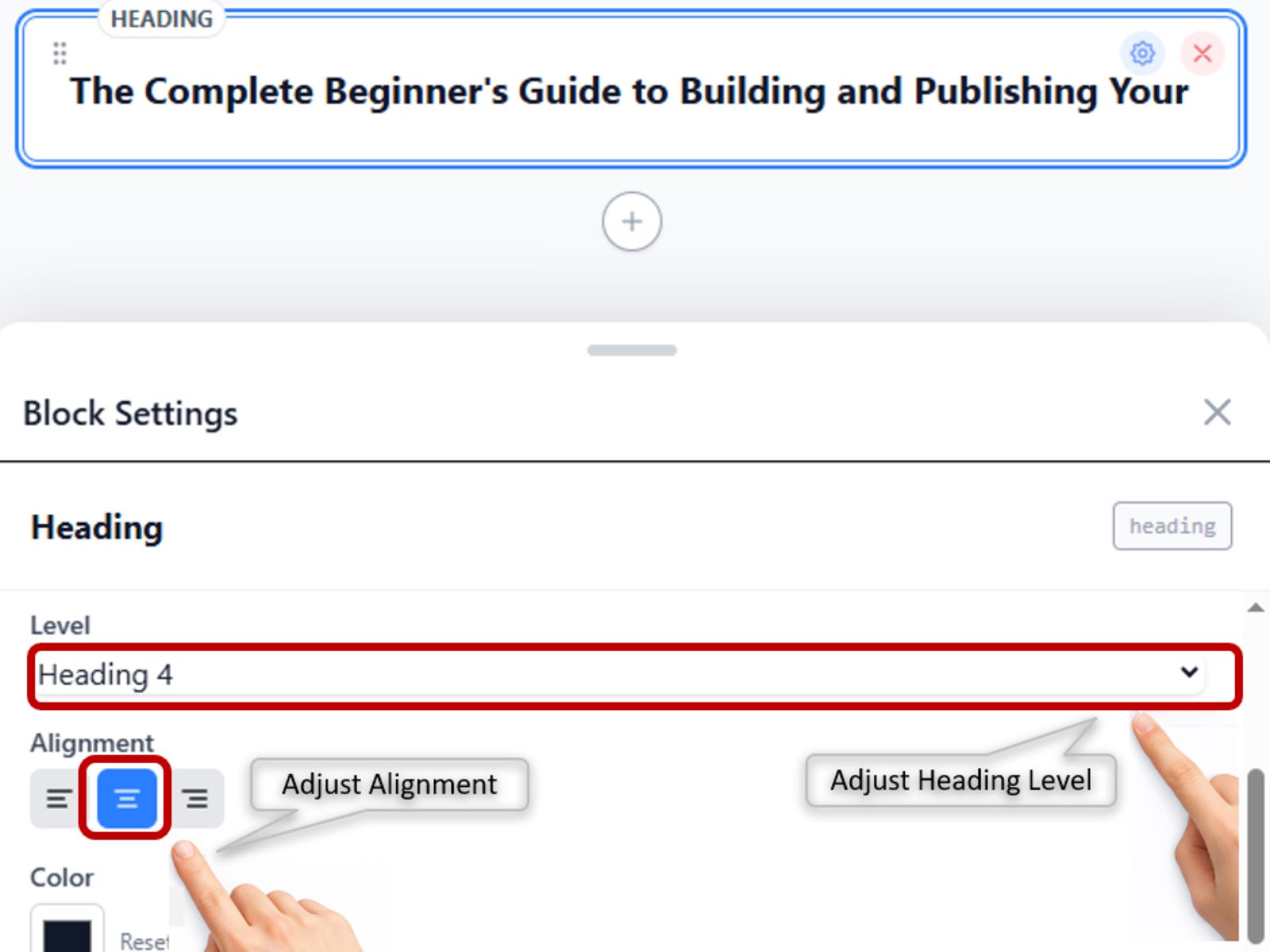 A block selected in the editor with the inspector panel open on the right showing settings