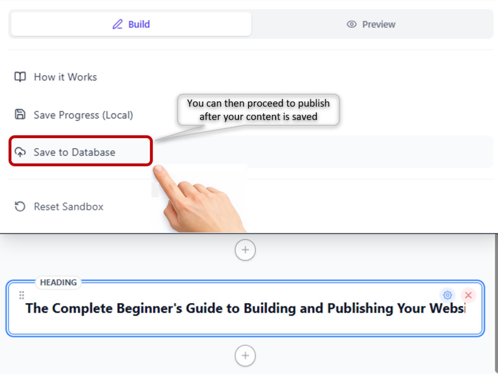 The sandbox preview mode showing a completed page in desktop layout